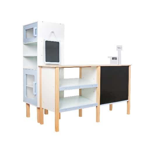 עמדת סופר עם קופה לבנה מעץ לילדים