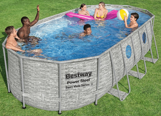 ⁦בריכת BESTWAY אולטרה אובלית 122*274*549 דמוי ראטן+4 חלונות, דגם 56716+משאבת פילטר 1500 גלון+כיסוי+סולם⁩ – תמונה ⁦2⁩