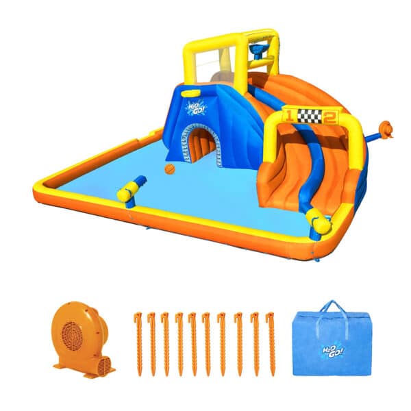 מתקן מתנפח עם מים גדול 2 מגלשות | 53377 | פארק מים מסלול מירוצים | Bestway|מגלשה+קיר טיפוס+ שיכשוכית