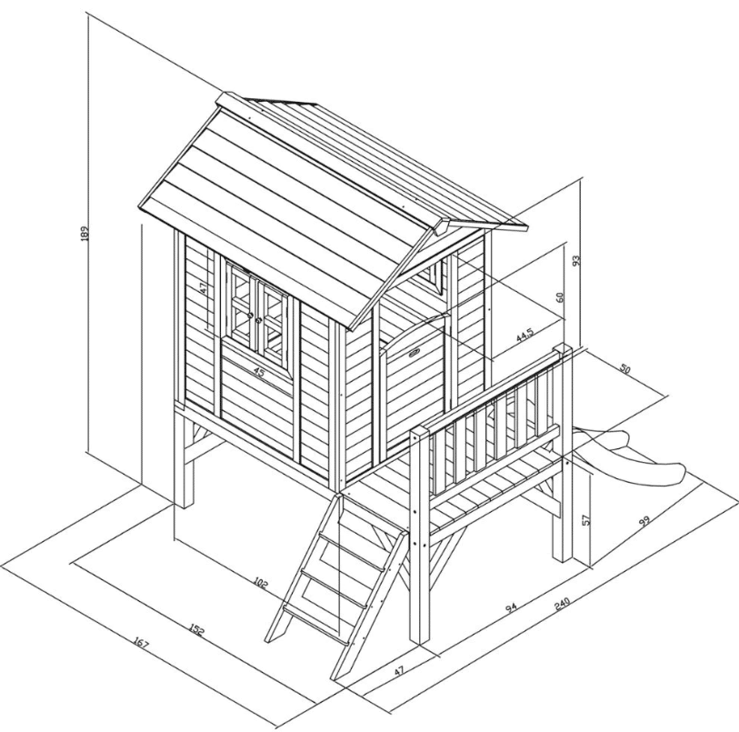 ⁦בית עץ לילדים בסגנון כפרי כולל מגלש ומרפסת (188X139X101 סמ) מק"ט 2005XL⁩ – תמונה ⁦13⁩