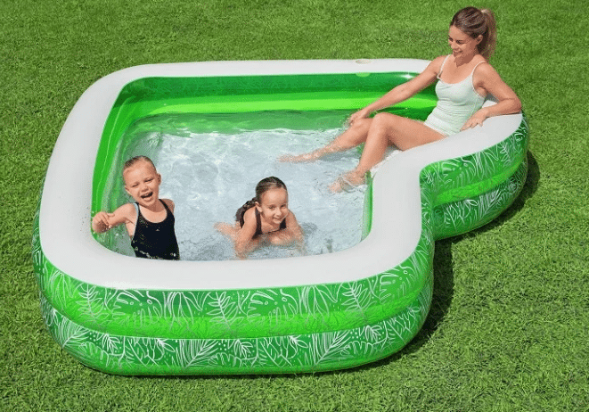 ⁦בריכה משפחתית ירוקה מתנפחת בעיצוב גן עדן טרופי + מושב מובנה מתנפח (231X231X51 סמ) 54336 מבית Bestway⁩ – תמונה ⁦2⁩